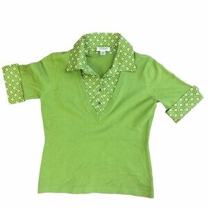 Talbots Vintage Green Knit Short Sleeve Sweater with Collar